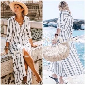 Zara Linen White&Blue Striped Belted Maxi Dress Size Large